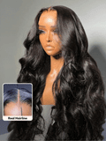 A model displays the UNice 7x5 Bye Bye Knots Glueless Body Wave Wig Pre Cut Lace Pre Plucked Hairline Put, showing a wig with long hair and a full wig and body wave.