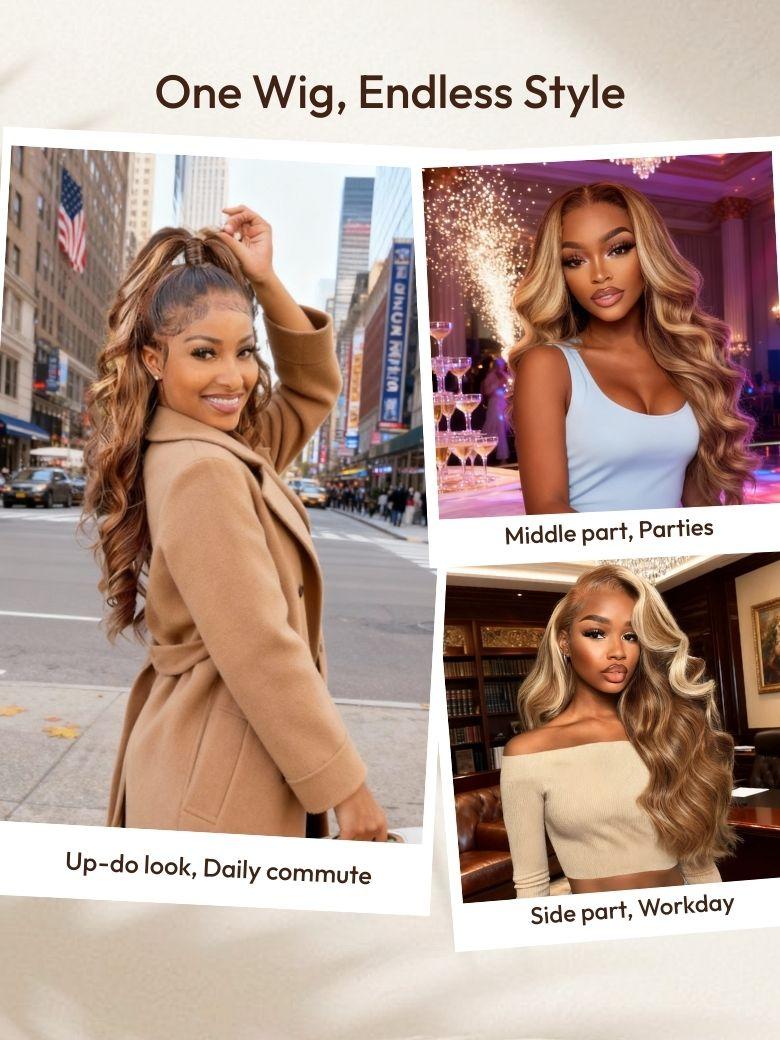 A model displays the UNice Bye Bye Knots Wig Pre-Cut 7x5 Glueless Lace Honey Blonde Body Wave Wig, showing a woman wearing a camel coat and white top and body wave.