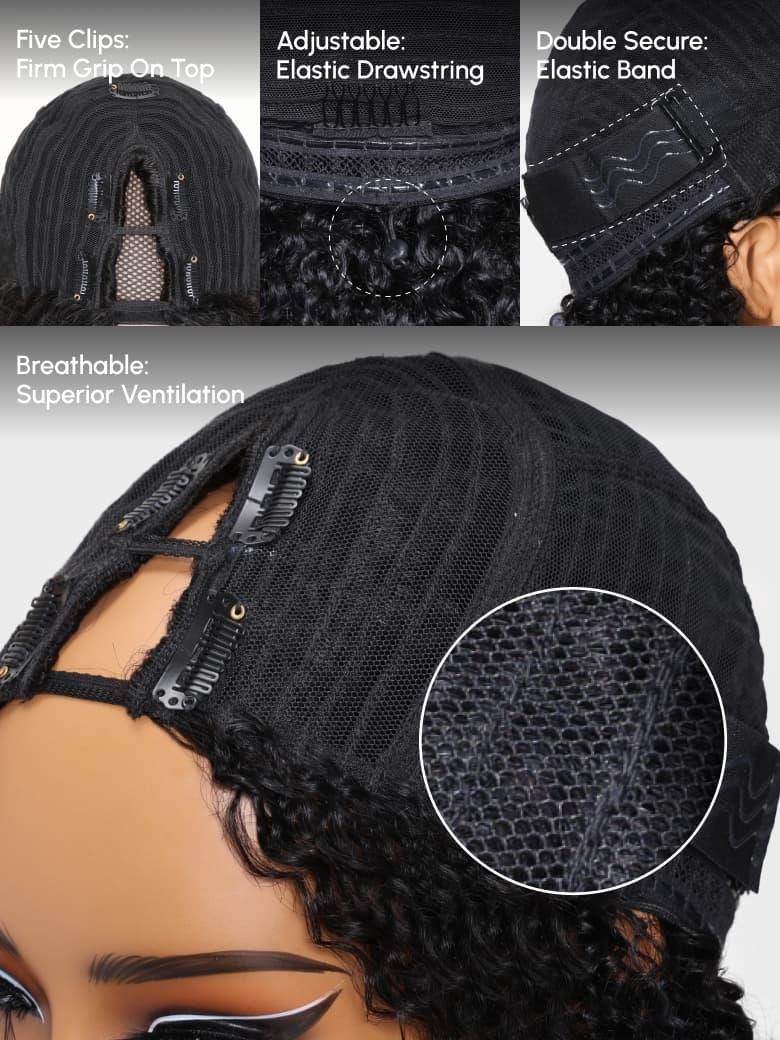 The UNice EasiContour V Part Minimal Leave Out Glueless Curly Wig Adjustable Cap image highlights Five Clips, Adjustable, Double Secure, Firm Grip On Top, a wig.