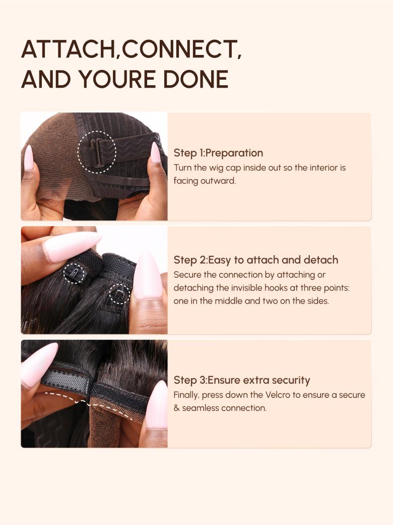 The UNice Light Brown & Golden Blonde Highlights Body Wave Replaceable Lace Closure For image highlights ATTACH, CONNECT, ANDYOUREDONE, Stepl:Preparation, a diagram.