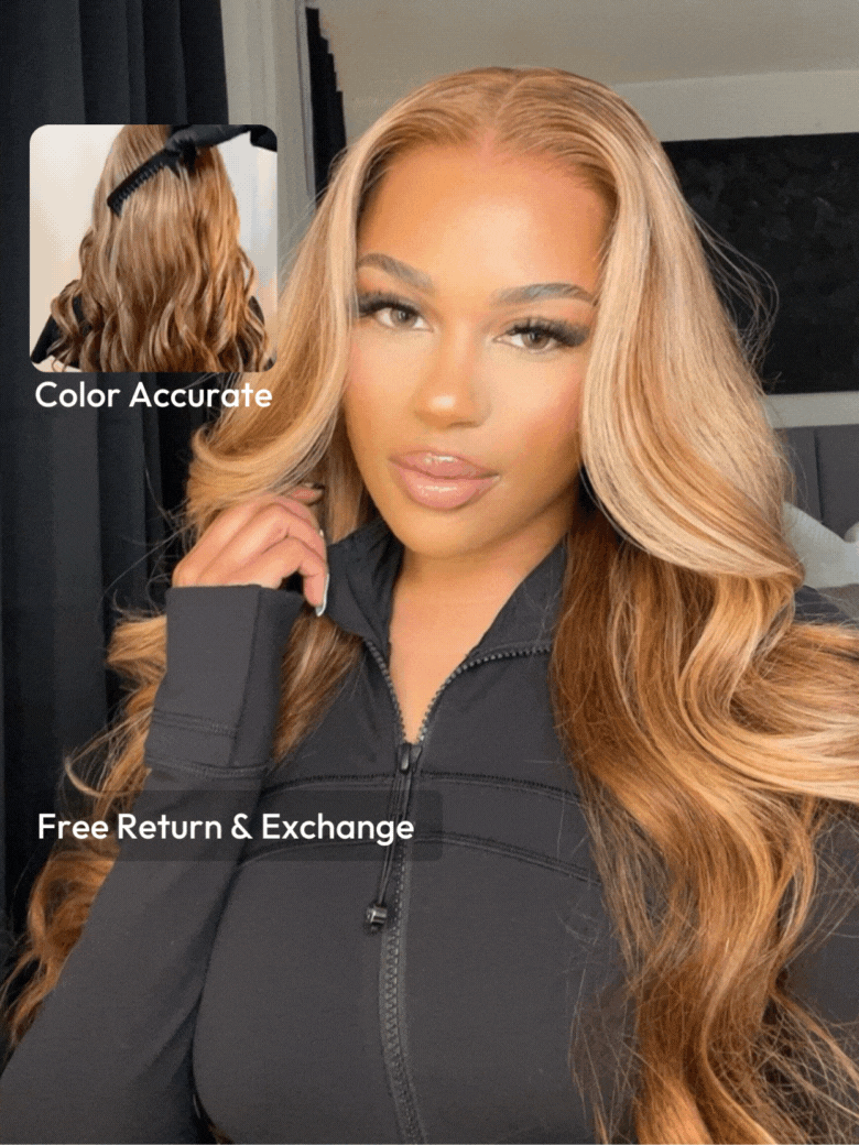 A model displays the UNice Beginner Friendly 6x4.5 Pre Cut Lace Put On And Go Honey Blonde Highlights wig, showing a model with long blonde hair and a black jacket.