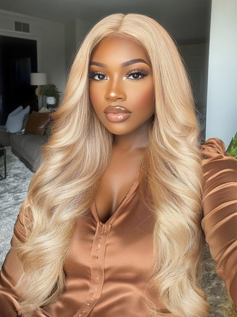 The UNice 13x4 Lace Front Body Wave Glossy Blonde Pre-Everything Wig visual image position 4 shows a model with long blonde hair wearing a brown shirt | body wave.