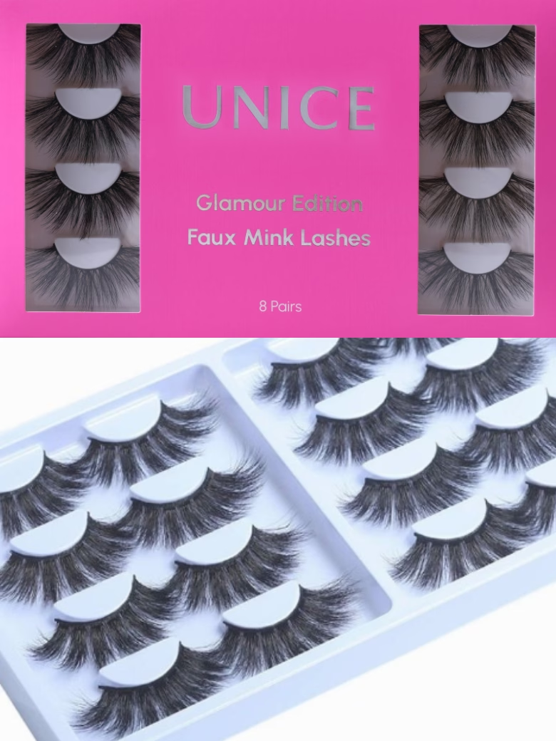 The UNice 8 Pairs 3D False Eyelashes Cat Eye Sexy Look Soft Reusable image highlights UNICE, Glamour Edition, Faux Mink Lashes, 8Pairs and mink lashes - mink lashes -.