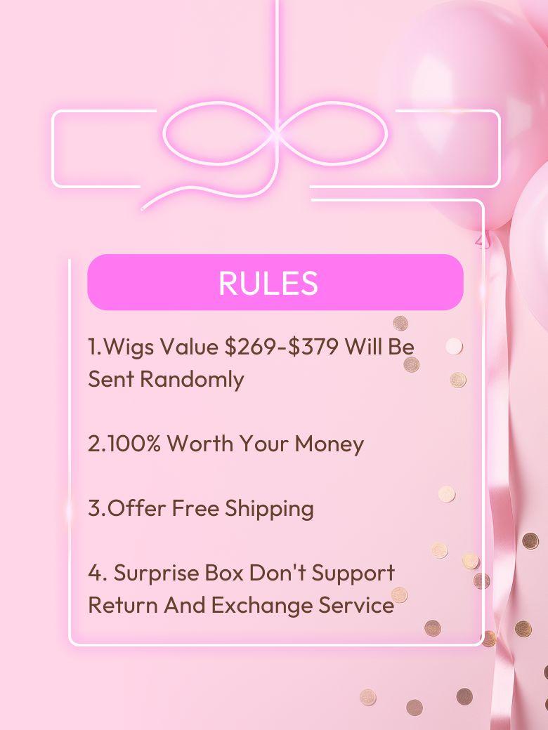 The UNice 2 wig $179 Surprise Box - Value $269-$379 image highlights RULES, 1.WigsValue$269-$379Will Be, SentRandomly, 2.100%Worth Your Money and a pink background.