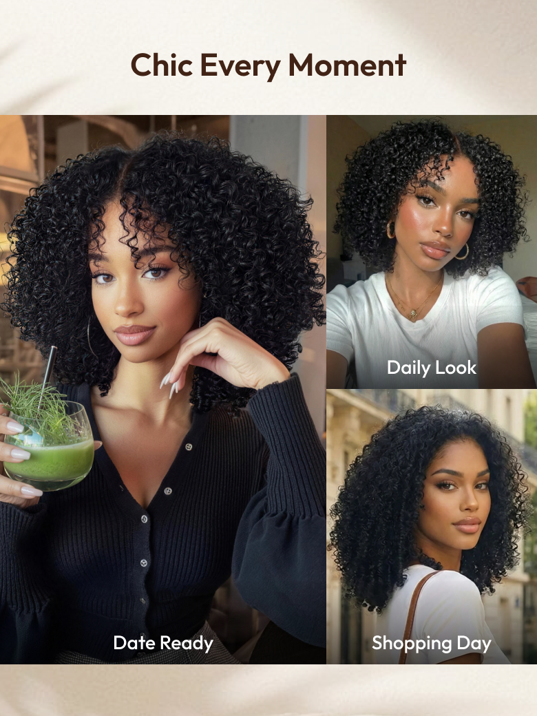 A model displays the UNice EasiContour V Part Afro Kinky Curly with Finger Coil Ends Drawstring Wig, showing a model with curly hair and a green drink and kinky curly.