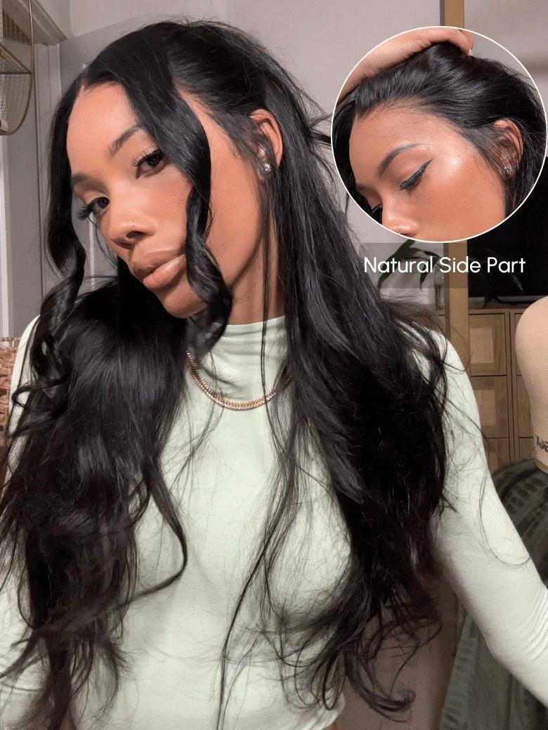 A model displays the UNice Invisi Drawstring UNice 13x4 Pre-Everything Transparent Lace & HD Lace Front wig, showing a model with long black hair and a white shirt.