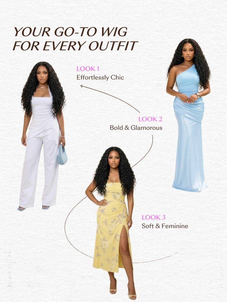 A model displays the UNice 7x5 Bye Bye Slip Glueless Water Wave Drawstring Wig With Baby Hair, showing a woman wearing a white and blue dress with the words, you ' ret.
