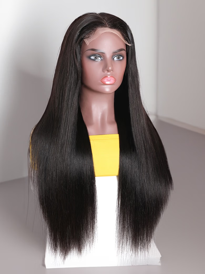 The UNice Two 18" wig $129 HD 5X5 Lace Silky Straight 18" & 4x0.75 Middle Part Lace product image shows a wig with long hair on a mann and body wave texture, straight.