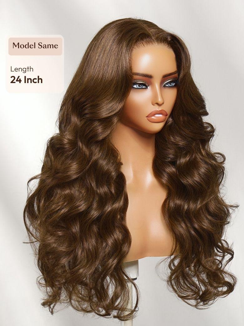 A model displays the UNice 13x4 Bye Bye Slip Lace Frontal Soft Ombre Caramel Brown Balayage Body Wave Wig, showing a wig with long wavy hair and a brown wig and body.