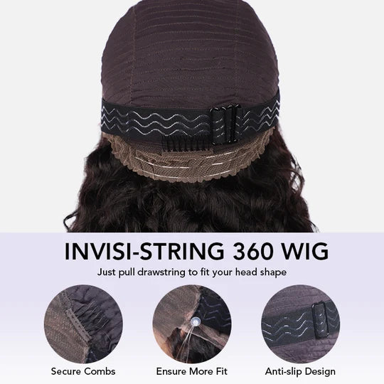 360 Water Wave Invisi-String Snug Fit Skin Full Lace Frontal Wig Glueless Pre Bleached Human Hair Wig