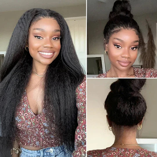 Kinky Straight Invisible-String Snug Fit 360 Full Lace Pre Plucked & Bleached Lace Wigs