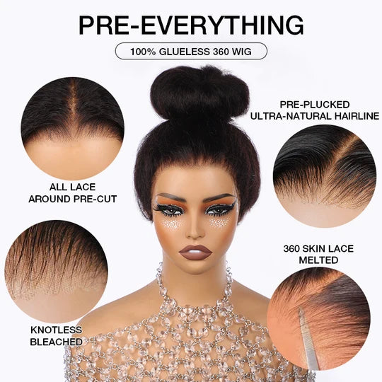 Kinky Straight Invisible-String Snug Fit 360 Full Lace Pre Plucked & Bleached Lace Wigs