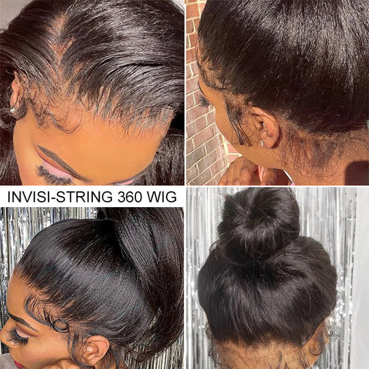 Kinky Straight Invisible-String Snug Fit 360 Full Lace Pre Plucked & Bleached Lace Wigs