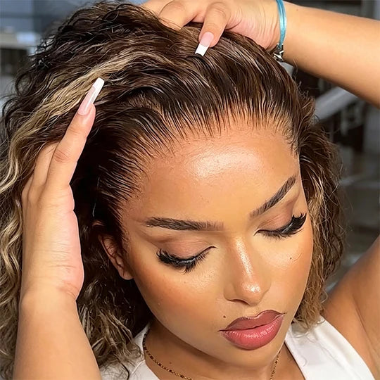 Glueless Blonde Highlights Curly Wig Pre Cut 5x5 Lace Human Hair Pre Everything Wigs