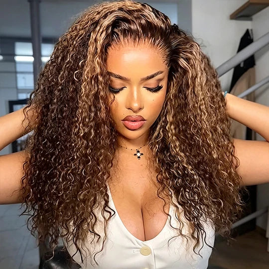 Glueless Blonde Highlights Curly Wig Pre Cut 5x5 Lace Human Hair Pre Everything Wigs