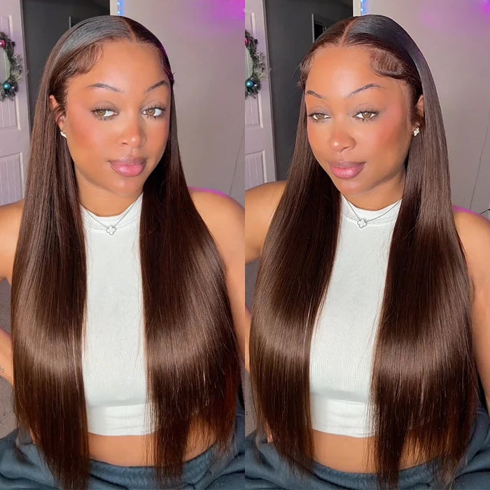 13x4 Frontal Lace Chocolate Brown Straight Wig Transparent Lace Realistic Hairline