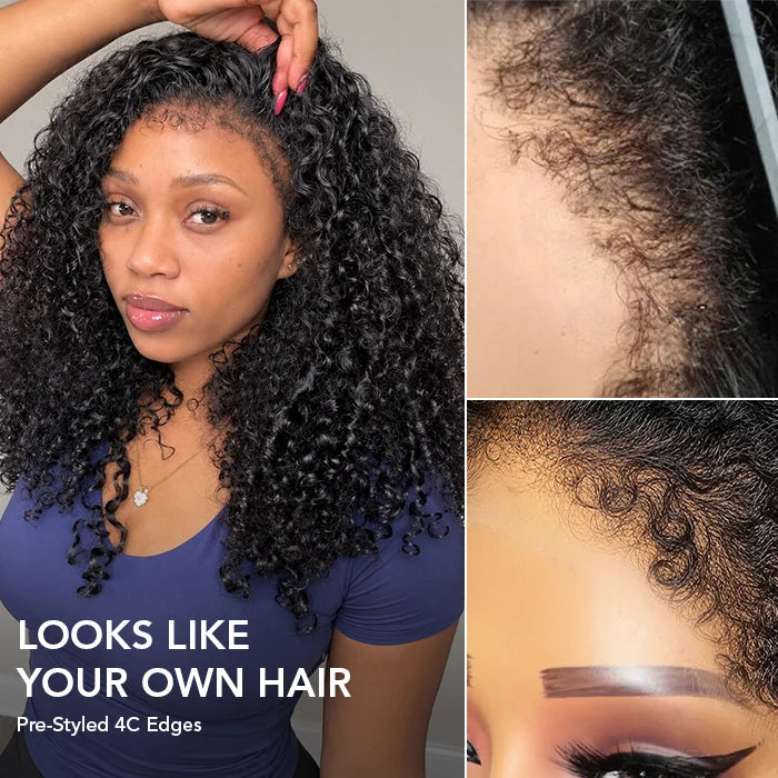 4C Curly Edges Hairline Glueless Curly Lace Front Human Hair Wig With Super Natural Hairline 220% Density