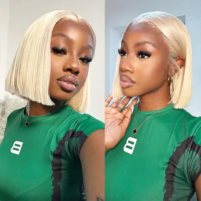613 Blonde Straight Bob Wigs Human Hair 13x4 Lace Wig with Pre Plucked Hairline 180% Density
