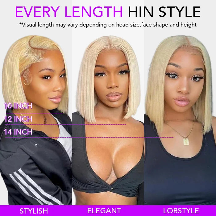 613 Blonde Straight Bob Wigs Human Hair 13x4 Lace Wig with Pre Plucked Hairline 180% Density