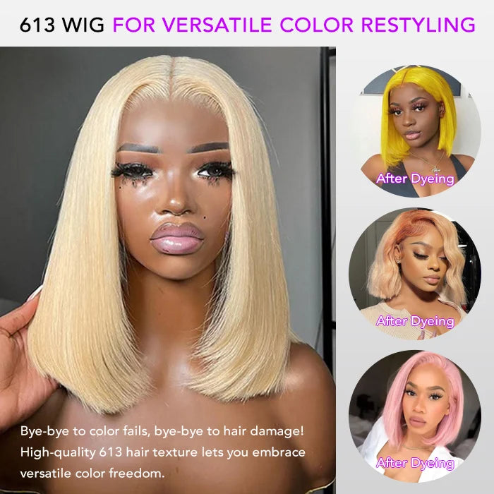 613 Blonde Straight Bob Wigs Human Hair 13x4 Lace Wig with Pre Plucked Hairline 180% Density