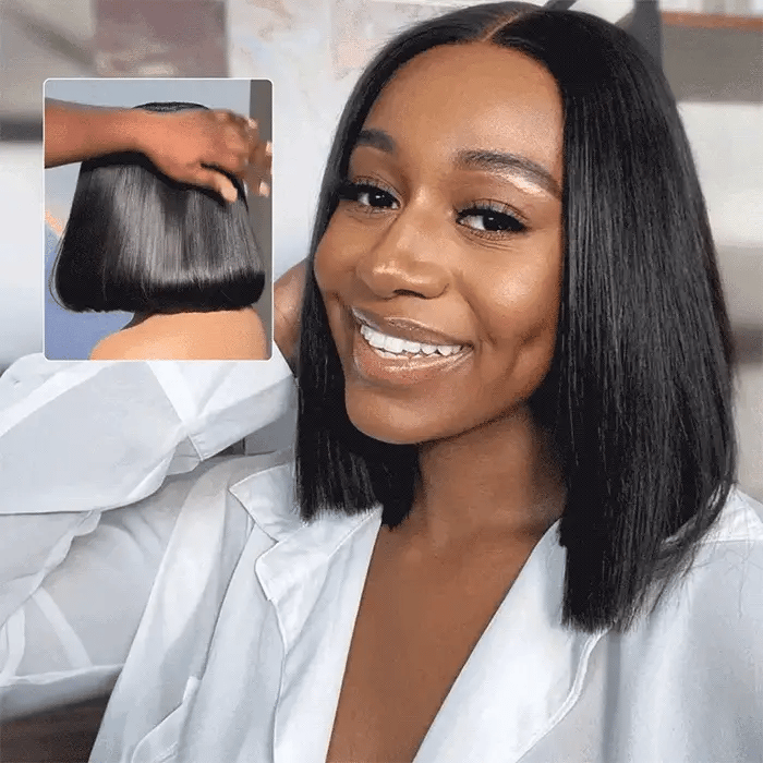 Glueless Super Double Drawn Blunt Cut Bob Wigs Transparent Lace Human Hair Wig Pre Plucked Hairline