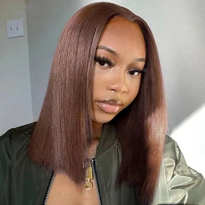 Brown Bob Wig Human Hair Invisible Melted Lace Wigs Pre Plucked Hairline Glueless Wigs For Black Women