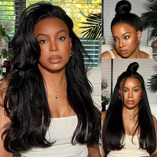 Kinky Straight Invisible-String Snug Fit 360 Full Lace Pre Plucked & Bleached Lace Wigs