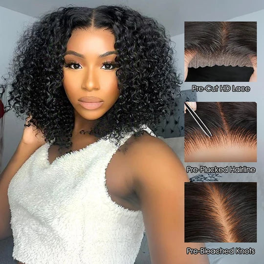 Short Jerry Curly Bob Glueless Pre Cut Lace Wig with Drawstring 100% Human Hair