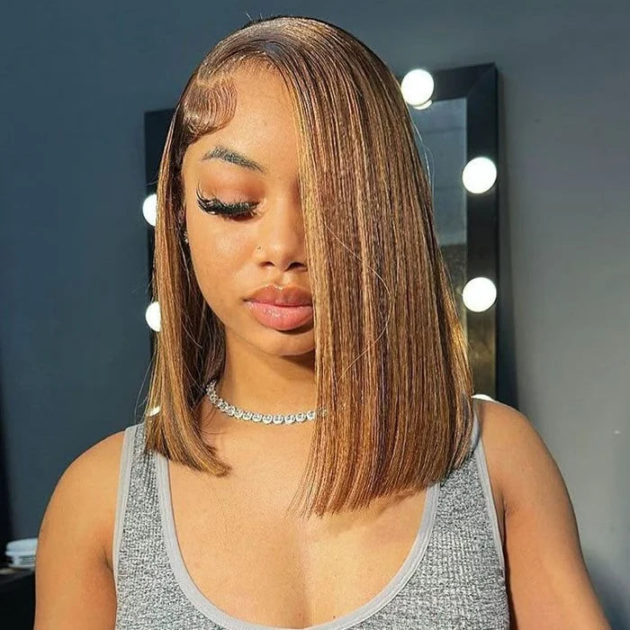 DD Highlight 13x4 Lace Full Frontal bob Wig Pre Plucked Human Hair Piano Color