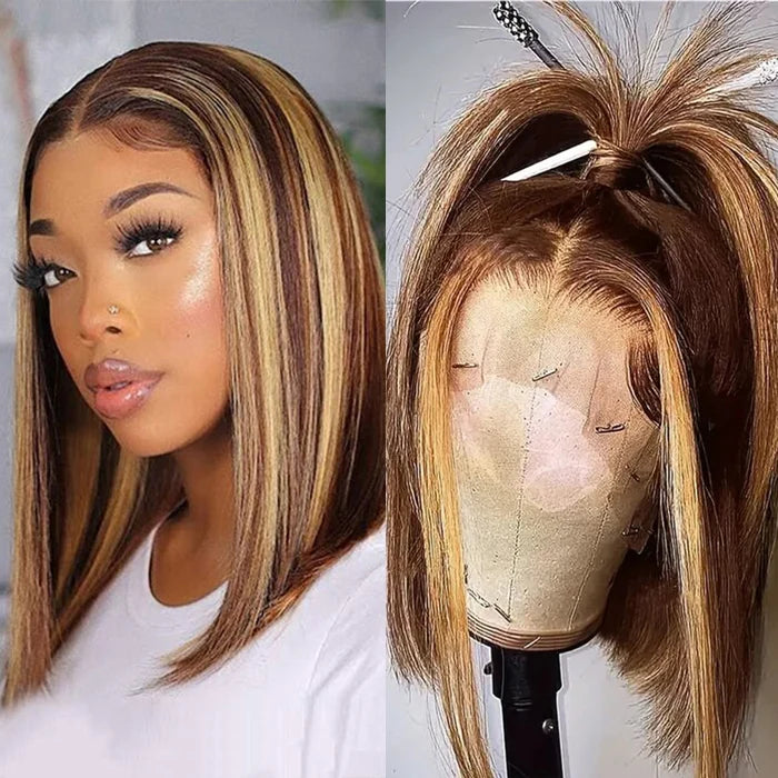 DD Highlight 13x4 Lace Full Frontal bob Wig Pre Plucked Human Hair Piano Color