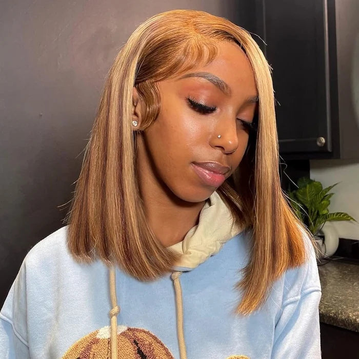 DD Highlight 13x4 Lace Full Frontal bob Wig Pre Plucked Human Hair Piano Color