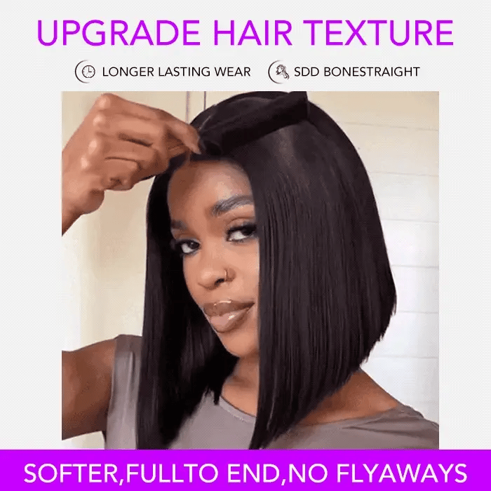 Put On and Go Realistic Glueless Straight Bob Lace Wig 100% Human Hair Pre Plucked Hairline 180% Density