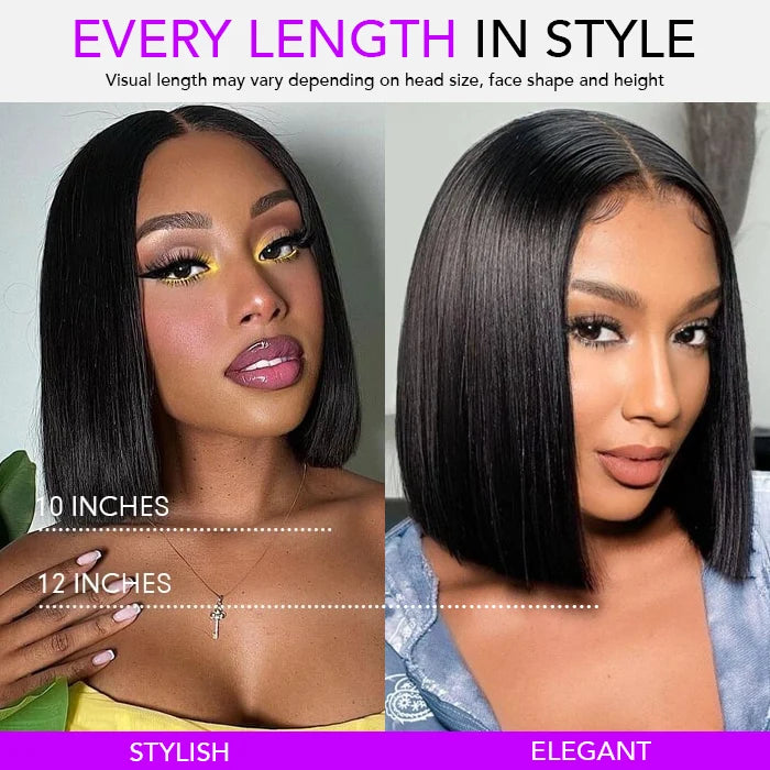 Put On and Go Realistic Glueless Straight Bob Lace Wig 100% Human Hair Pre Plucked Hairline 180% Density