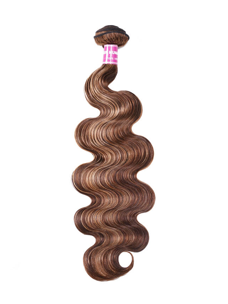 The UNice Luxurious Honey Blonde Highlight Body Wave Human Hair 1 Bundle product image shows a brown body wave with a pink hair clip and body wave texture, honey blonde.