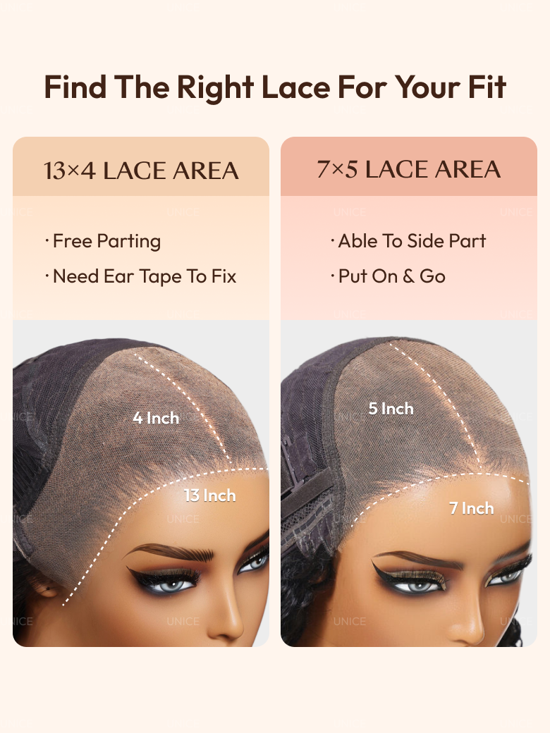 A model displays the UNice Bye Bye Slip 7x5 & 13x4 Lace Black to Chestnut Brown Ombre Yaki Bob Wig, showing a woman ' s head with a hair line on it and yaki texture.
