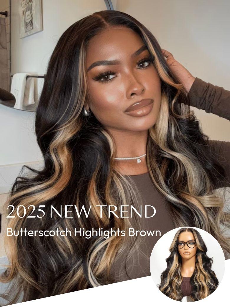 A model displays the UNice Loose Wave Butterscotch Highlights Brown Wig 150% Density Sun Kissed Color, showing a model with long hair and brown eyes, wearing a brown.