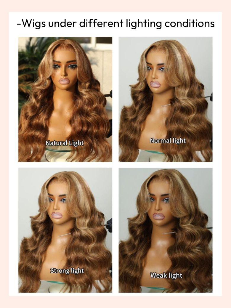 The UNice ByeBye Knots Wig 7x5 Pre-Cut Lace Honey Blonde Body Wave Wig With Bleached image highlights Wigs under differentlighting conditions, NaturalLight, Normal.