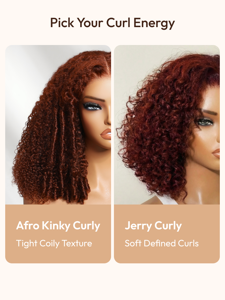 A model displays the UNice 7x5 Bye Bye Knots Wig Glueless Lace Sunset Reddish Brown Jerry Curly/ Afro, showing a model with curly hair and a wig and straight texture.
