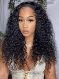 The UNice Put On And Go Water Wave Human Hair Headband Glueless Wig visual image position 2 shows a model with long curly hair wearing a white top | water wave texture.