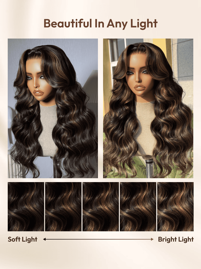 A model displays the UNice 7x5 Bye Bye Slip Lace Black with Golden Brown Highlights Body Wave Wig with, showing a model with long brown hair and a white sweater and body.