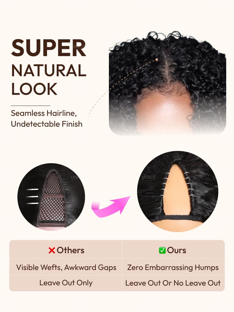 The UNice Kinky Straight When Wet InvisiBlend V Part Silk Press To Blow Out Kinky wig image highlights SUPER, NATURAL, LOOK, SeamlessHairline, super natural hair.