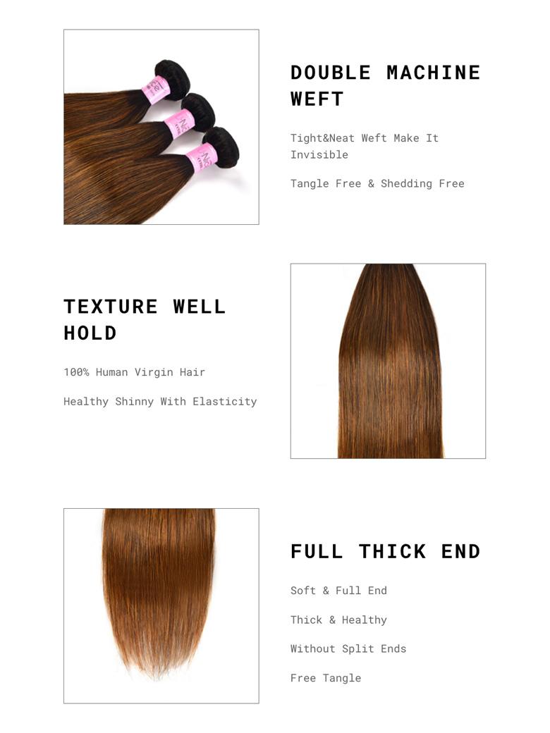 The UNice Hair Virgin 3 Bundles Deals Colored Hair Weave #FB30 Straight Hair image highlights DOUBLEMACHINE, WEFT, Tight&Neat Weft Make It, Invisible, the hair.
