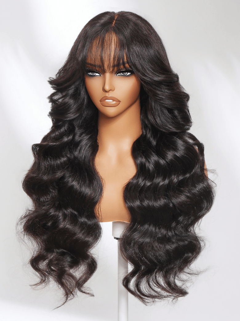 The UNice 13x4 Pre-Everything Lace Frontal Black Fluffy Natural Loose Wave with Curtain product image shows a wig with long hair on a mann and loose wave texture, 13x4.