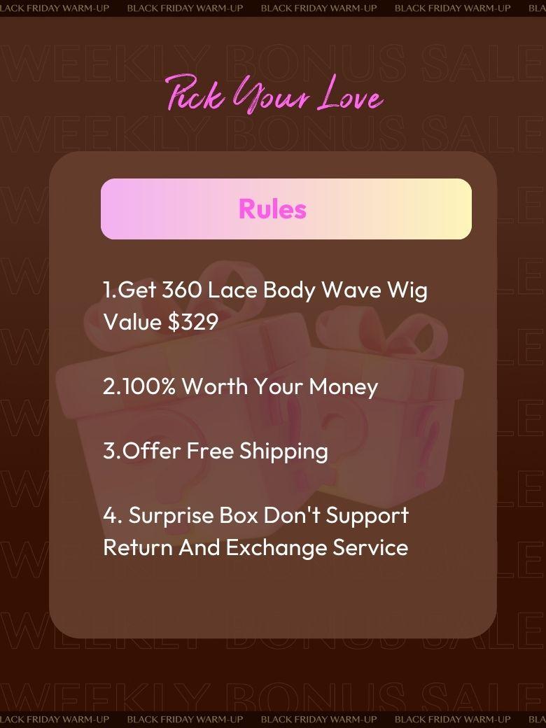 The UNICE $129 Surprise Box Get 360 Lace Body Wave Wig Value $329 image highlights ACKFRIDAYWARM-UP, BLACKFRIDAYWARM-UP, BL, Rck lyour Love, a pink gift card.