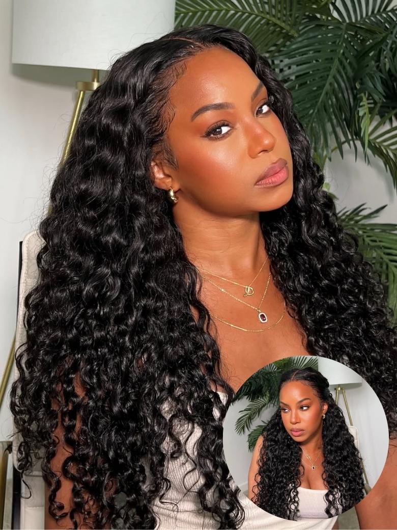 13x4 Drawstring Pre-Everything Lace Frontal Natural Black Bouncy Water Wave Curly Wig Youtuber Hot Style