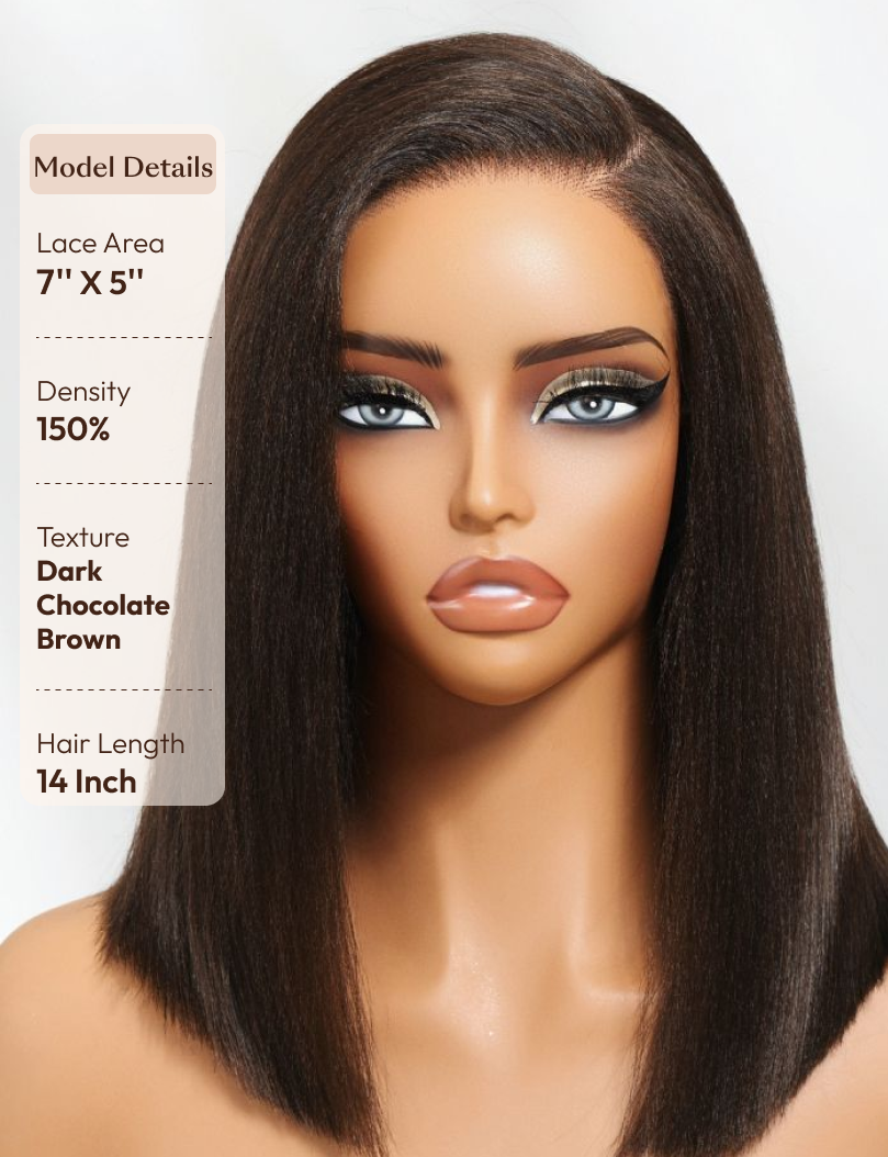 A model displays the UNice Bye Bye Slip 7x5 Lace Glueless Dark Chocolate Brown Side Part Yaki Straight wig, showing a model with long hair and a full wig and straight.