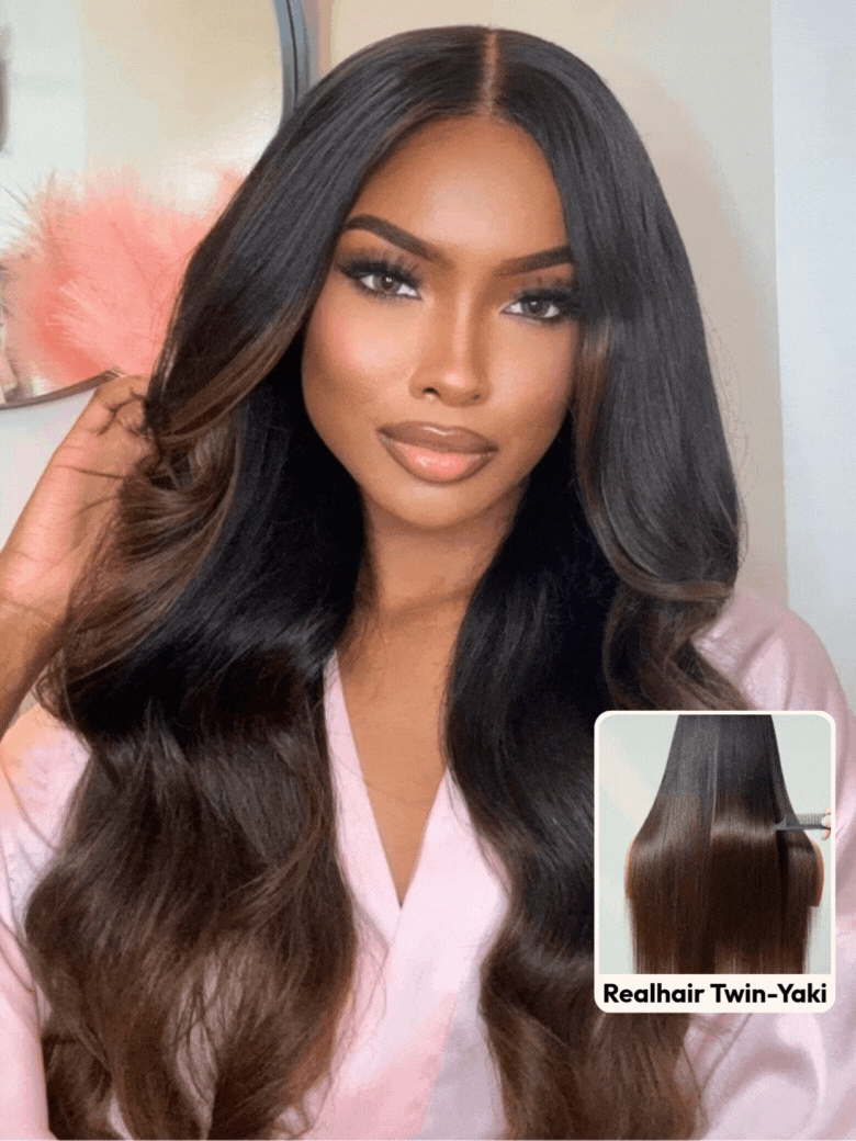 The UNice 13x4 Pre-Everything Glueless Lace Black to Chestnut Brown Ombre Yaki Straight wig visual image position 5 shows a model with long hair and a pink shirt |.