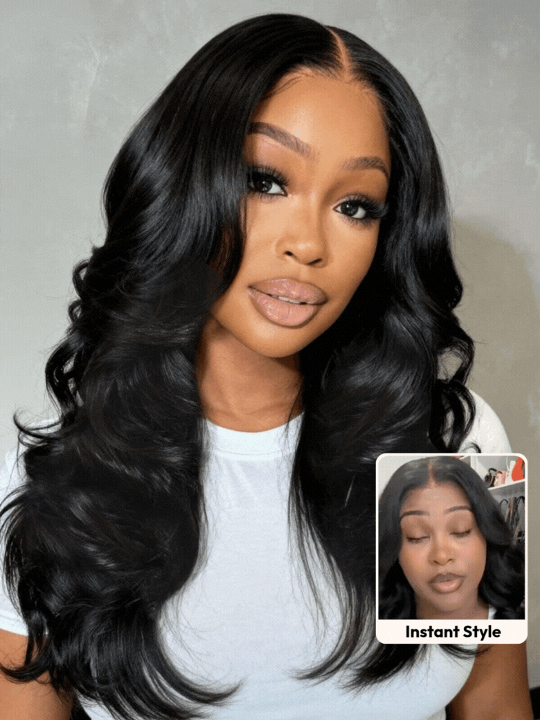 A model displays the UNice 180% Density 7x5 Bye Bye Knots Cut Body Curls Lace Wig with Feathered Layers, showing a model with long black hair wearing a wig and 7x5, lace.