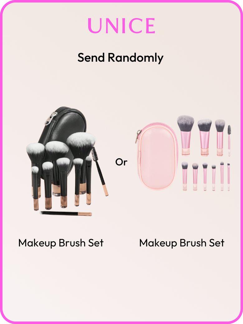 The UNice Cosmetic Brush x 10 image highlights UNICE, Send Randomly, Or, MakeupBrush Set and a set of makeup brushes and a bag.