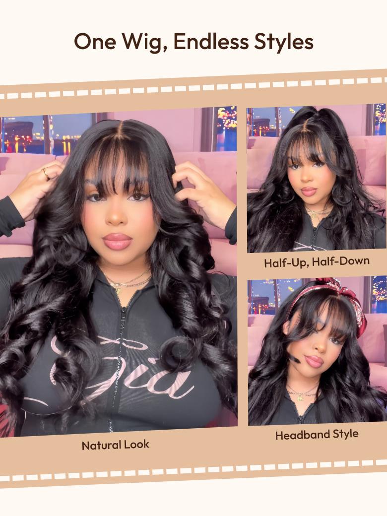 A model displays the UNice Easy Wear 13x4 Pre-Everything Lace Frontal Pull And Go Black Fluffy Natural, showing one wig styles and loose wave texture, 13x4, lace finish.